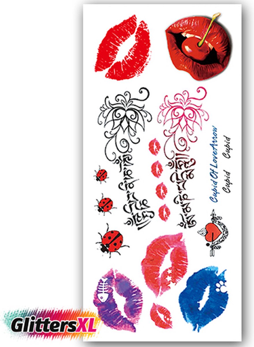 GlittersXL - Temporary Tattoo Kus/Lippen/Hartje (19x9 cm) [Neptattoo - Tijdelijke tatoeage - Nep Fake Tattoos - Water overdraagbare festival sticker henna outfit tattoo - Glitter tattoo - Volwassenen Kinderen Jongen Meisje]